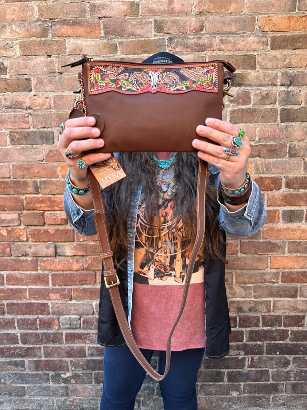 Myra Bag Brown Leather Crossbody with Multicolor Tooled Accent - Picture 2 of 2